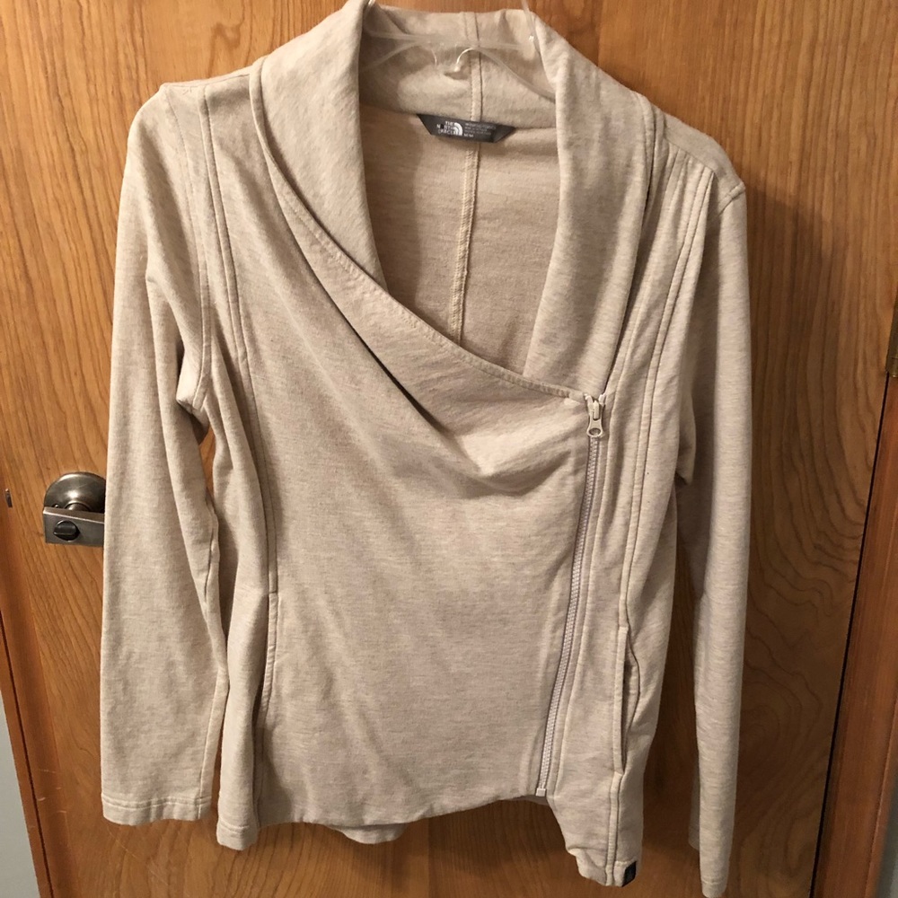 North Face beige asymmetrical zip-up sweatshirt